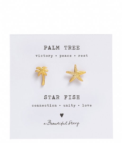 A Beautiful Story  Brooch Set Palm tree Starfish GP Gold colored