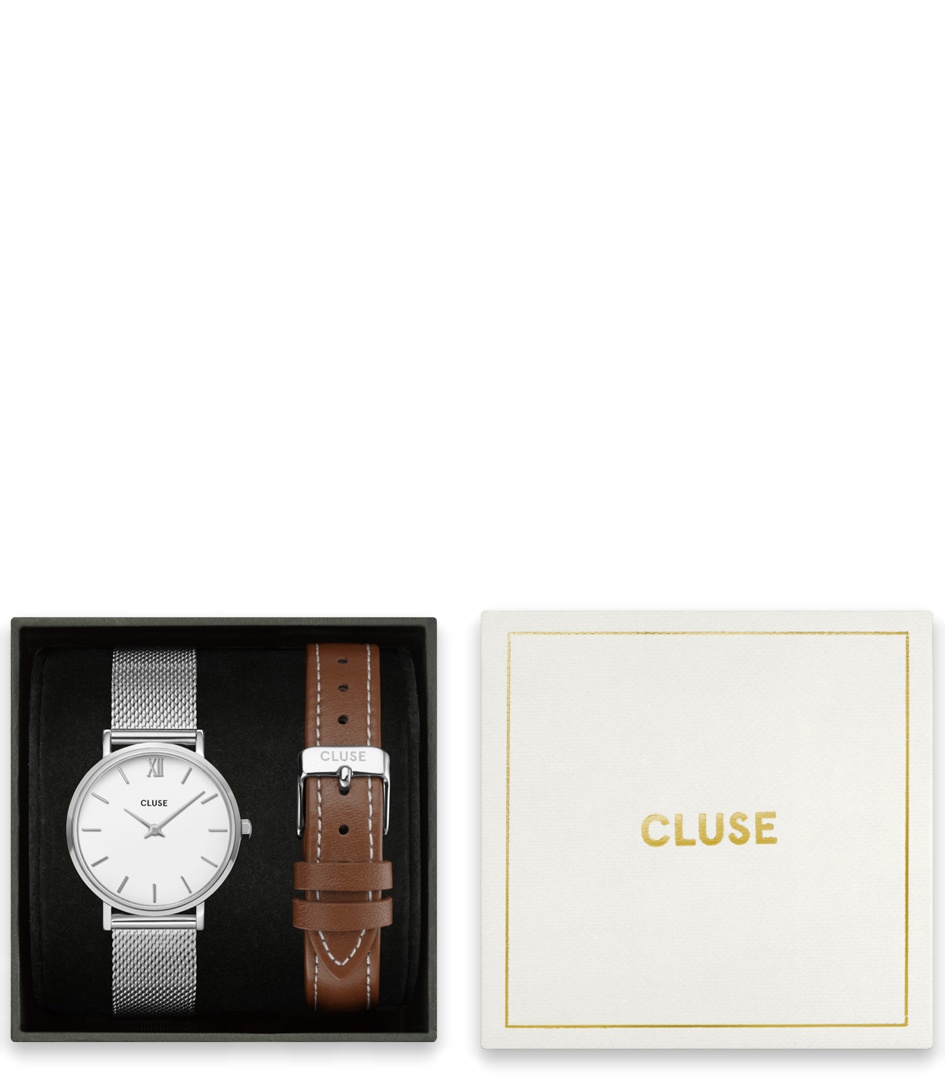 Cluse Horloges Giftbox Minuit Mesh Silver Colour and brown bracelet Zilverkleurig online kopen