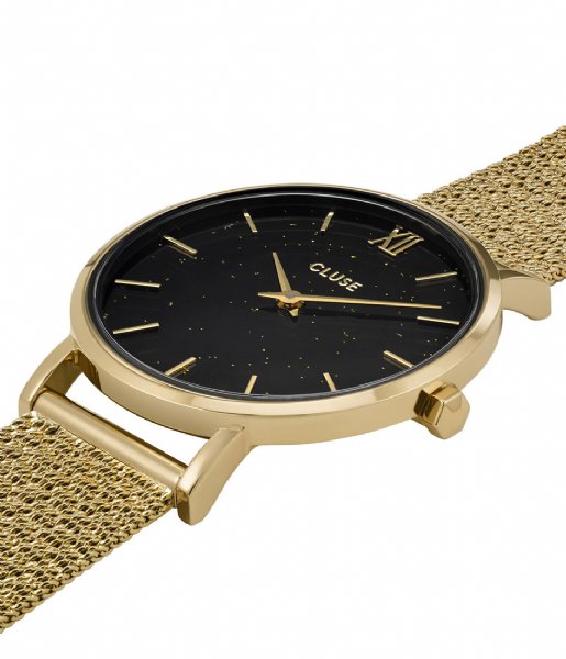 CLUSE  Minuit Special Mesh Gold Plated Black Stardust Gift Box Gold plated black stardust & black leather strap