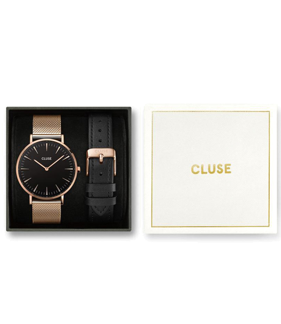 CLUSE Boho Chic Gift Box Mesh Watch and leather strap Rose gold colored