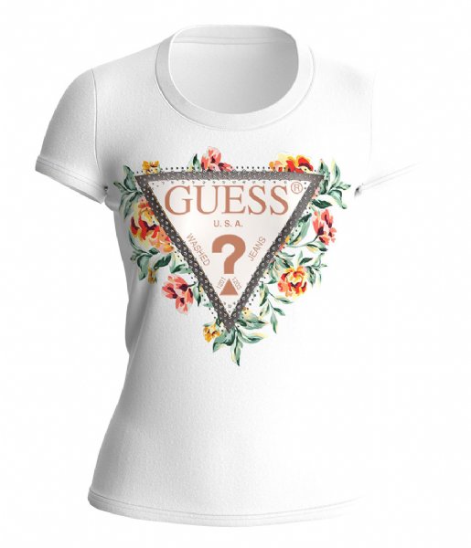 Guess  Short Sleeve Crewneck Triangle Flowers Tee Pure White (G011)