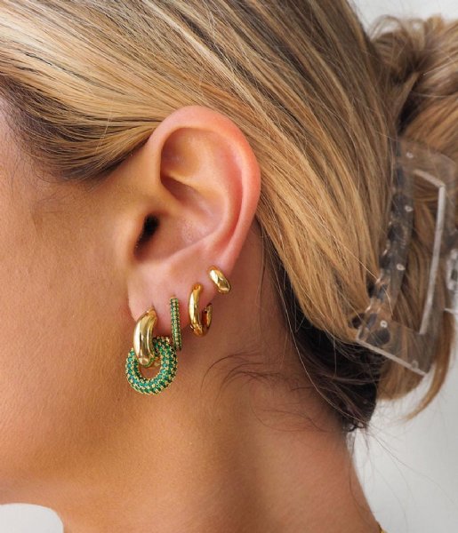 LUV AJ  Pave Interlock Hoops Green Emerald Gold Plated