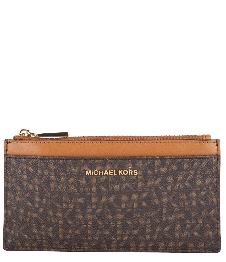 Michael Kors Zip wallet Jet Set Large Slim Card Case brown acorn & gold  hardware | The Little Green Bag