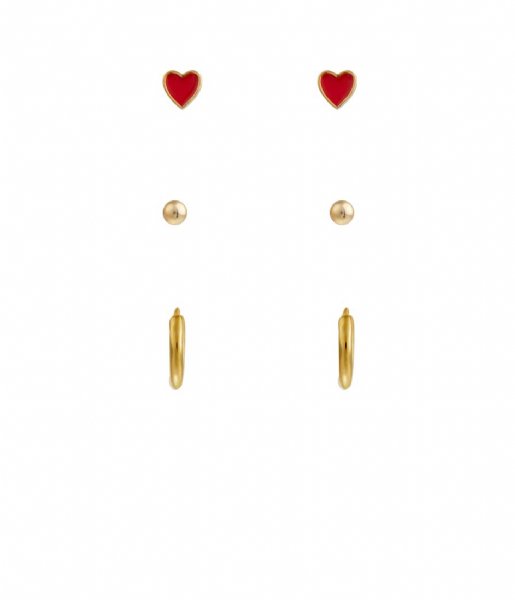 Orelia  Enamel Heart Stud And Hoop 3 Pack Red Gold colored
