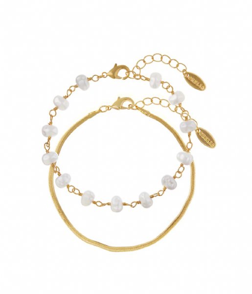 Orelia  Snake Chain And Pearl 2 Row Bracelet Gold colored