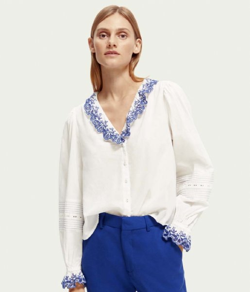 Scotch and Soda  V-Neck Shirt With Broderie White (0006)