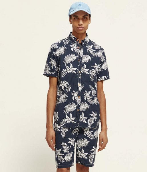 Scotch and Soda  Printed and Washed Short Sleeve Poplin Shirt Navy Leaf (5818)