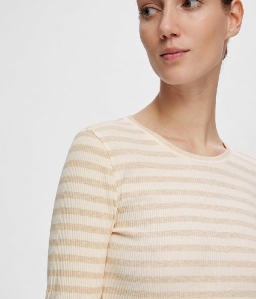Selected Femme  Anna Ls Crew Neck Tee Str Oatmeal WHITE STRIPES (4394841)