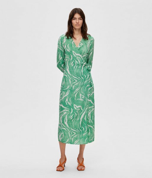 Selected Femme  Slfsirine Long Sleeve Midi Wrap Dress Absinthe Green AOP
