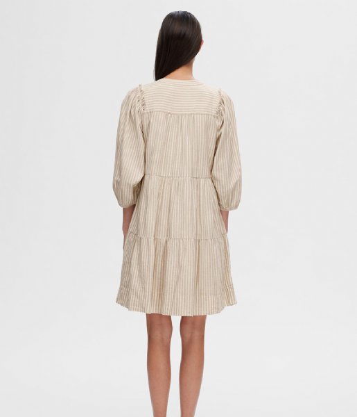 Selected Femme  Hillie 3/4 Stripe Short Linen Dress Snow White Humus (4504396)