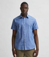 Selected Homme Slimnew Linen Shirt  Short Sleeve Classic W Medium Blue Denim