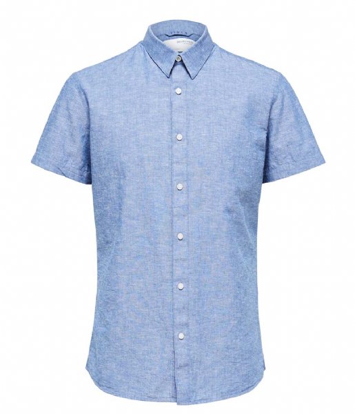 Selected Homme  Slimnew Linen Shirt  Short Sleeve Classic W Medium Blue Denim