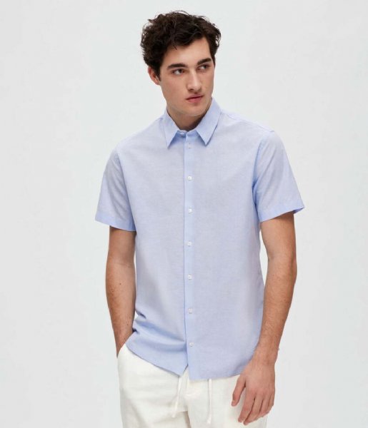 Selected Homme  Slimnew Linen Shirt  Short Sleeve Classic W Cashmere Blue