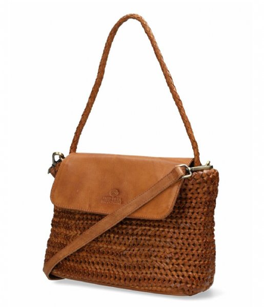 Fred de la Bretoniere Schoudertas Shoulderbag braded leather Cognac Fred de la Bretoniere Schoudertas Shoulderbag braded leather Cognac