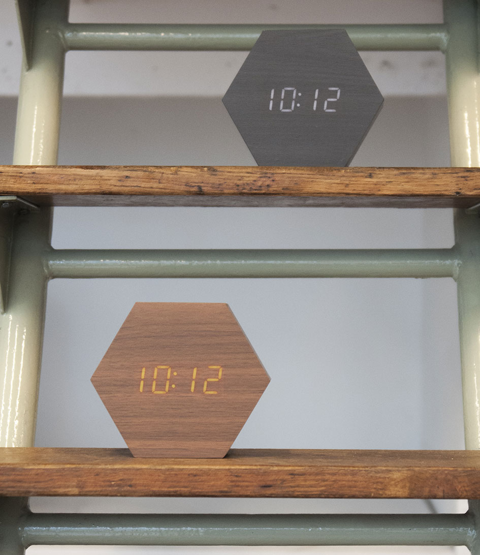 Karlsson Wekker Alarm clock Hexagon veneer, white LED Black (KA5651BK