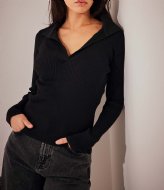 NA-KD Pique Collar Knitted Long Sleeve Top Black (2)