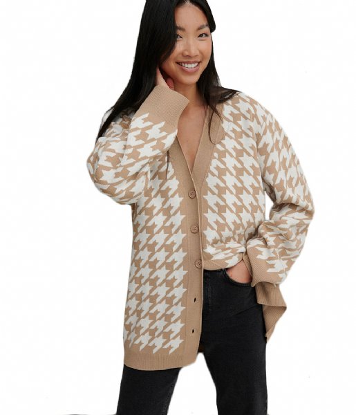 NA-KD  Houndstooth Long Cardigan Beige Combo