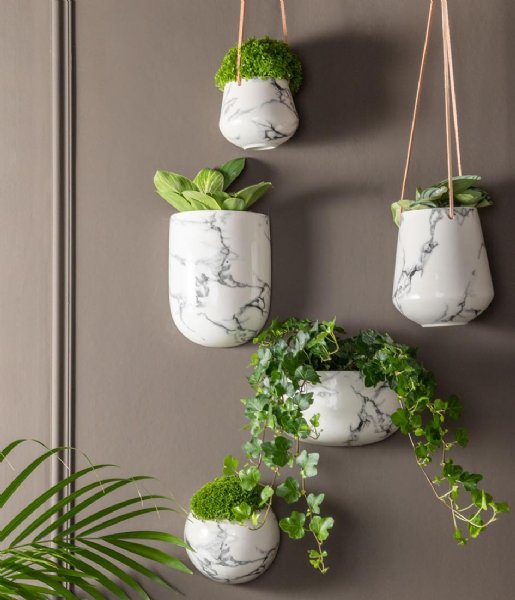 Present Time  Wall plant pot Oval wide marble print White (PT3738WH)