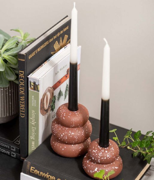 Present Time Świecznik Candle Holder Speckled Rings Small Ceremic Clay Brown (PT3940DB)