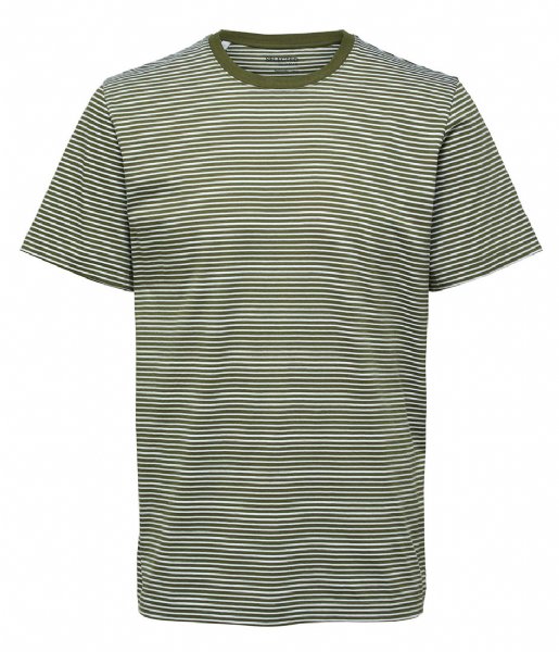 Selected Homme  Stripe Ss O-Neck Tee W Winter Moss Bright White