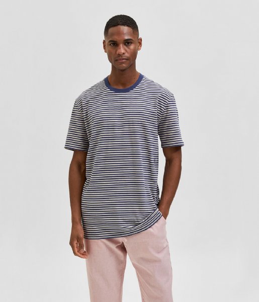 Selected Homme  Relaxbutch Stripe SS Neck Tee U Navy Blue