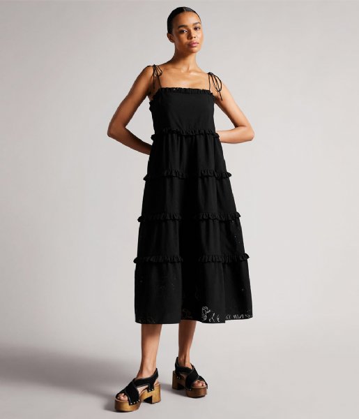 Ted Baker  Hansi Magnolia Burn Out Strappy Tiered Midi Dress Black