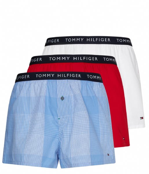Tommy Hilfiger  3-Pack Woven Boxer Print White Primary Red Grid Plaid (0T5)
