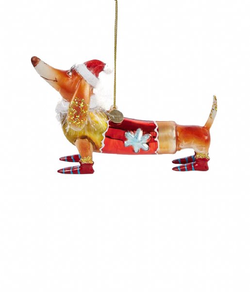 Vondels  Ornament glass dachshund with christmas hat H9.5cm Brown