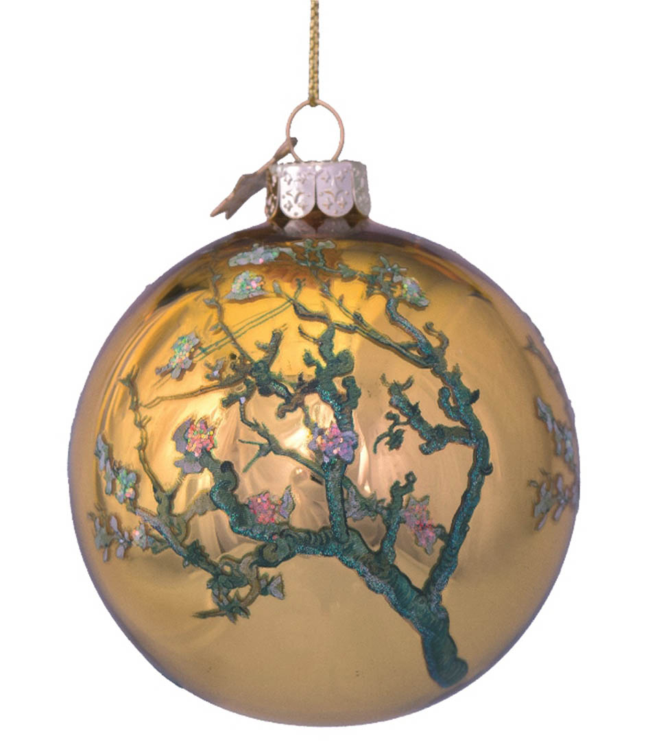 Vondels Decoraciones de navidad Bauble Glass Van Gogh Gold With Almond Blossom 8cm With Box Blossom The Little Green Bag